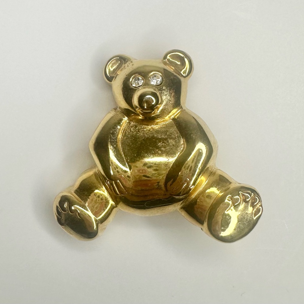 Vintage Gold Tone Teddy Bear Brooch Rhinestone Eyes Cute Mini Pin